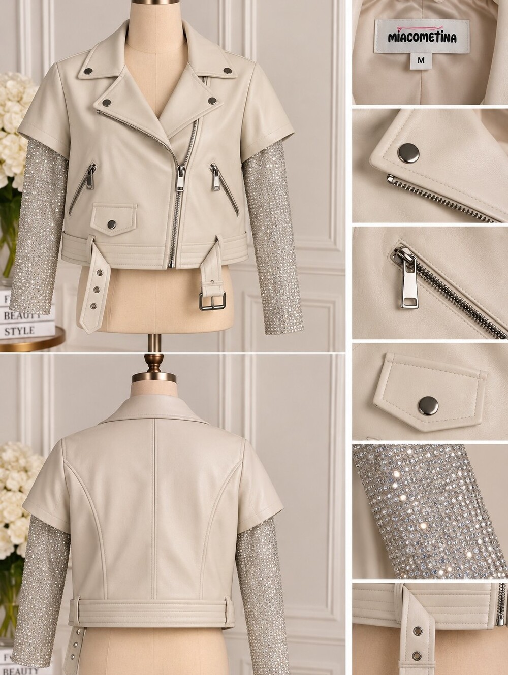 Women's Cream Cropped Moto Jacket with Embellished Sleeves